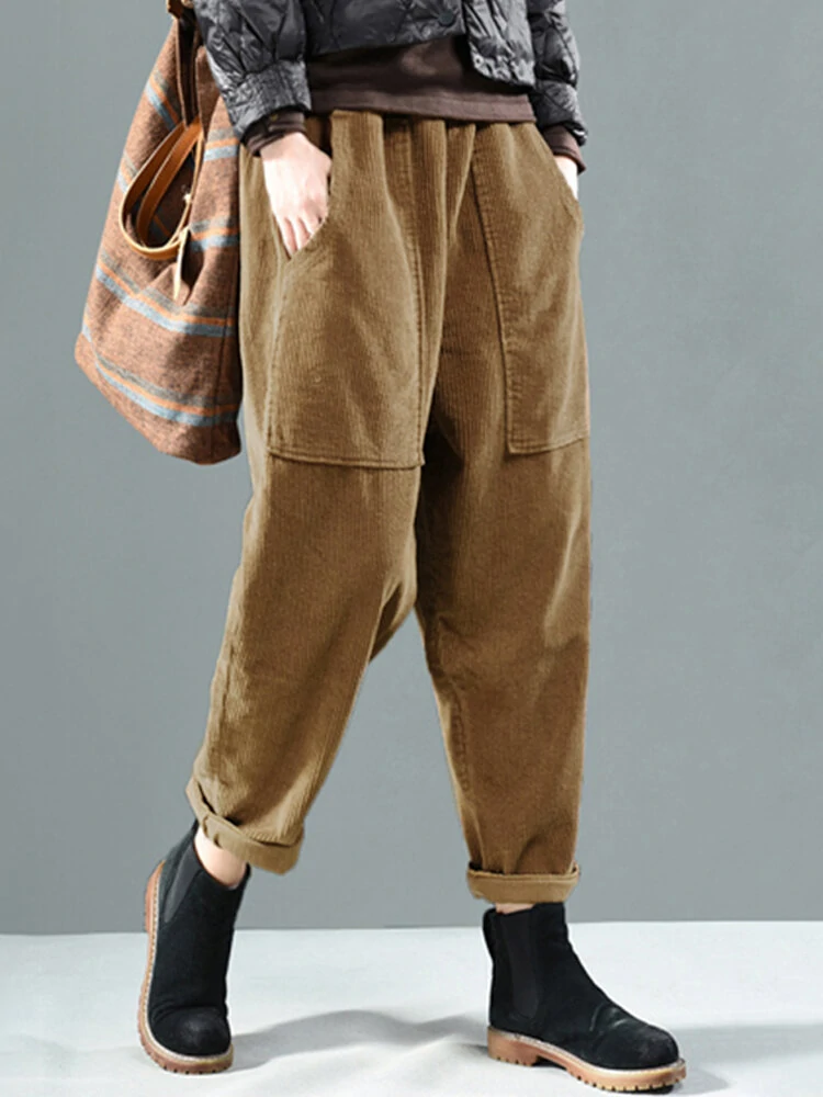(image for) Corduroy Elastic Waist Solid Color Side Pocket Harem Pants