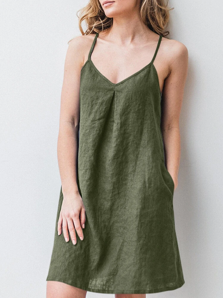 (image for) Solid Pocket Spaghetti Strap Backless Dress For Women