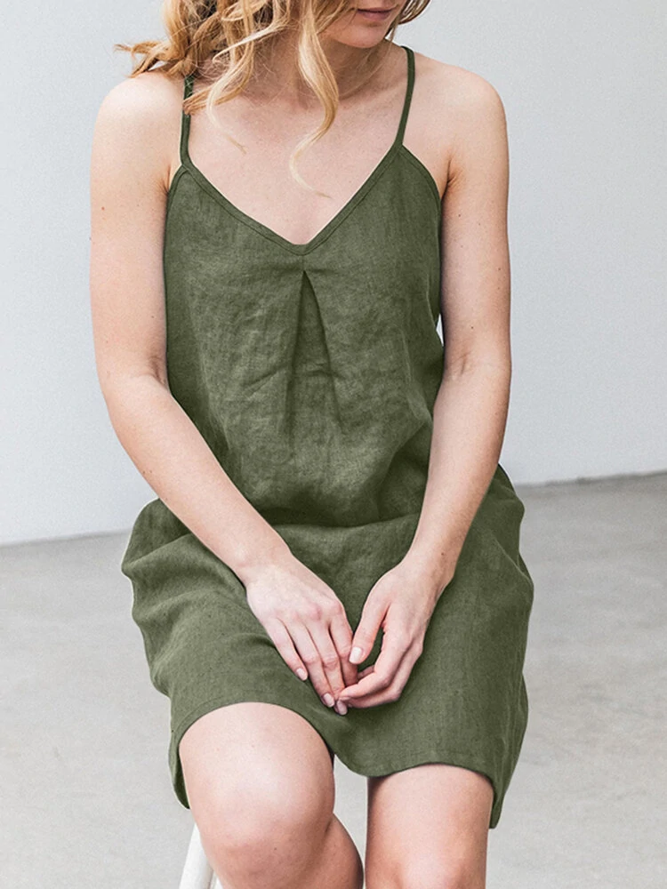 (image for) Solid Pocket Spaghetti Strap Backless Dress For Women