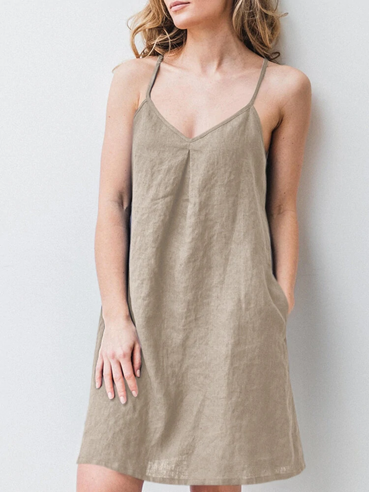 (image for) Solid Pocket Spaghetti Strap Backless Dress For Women