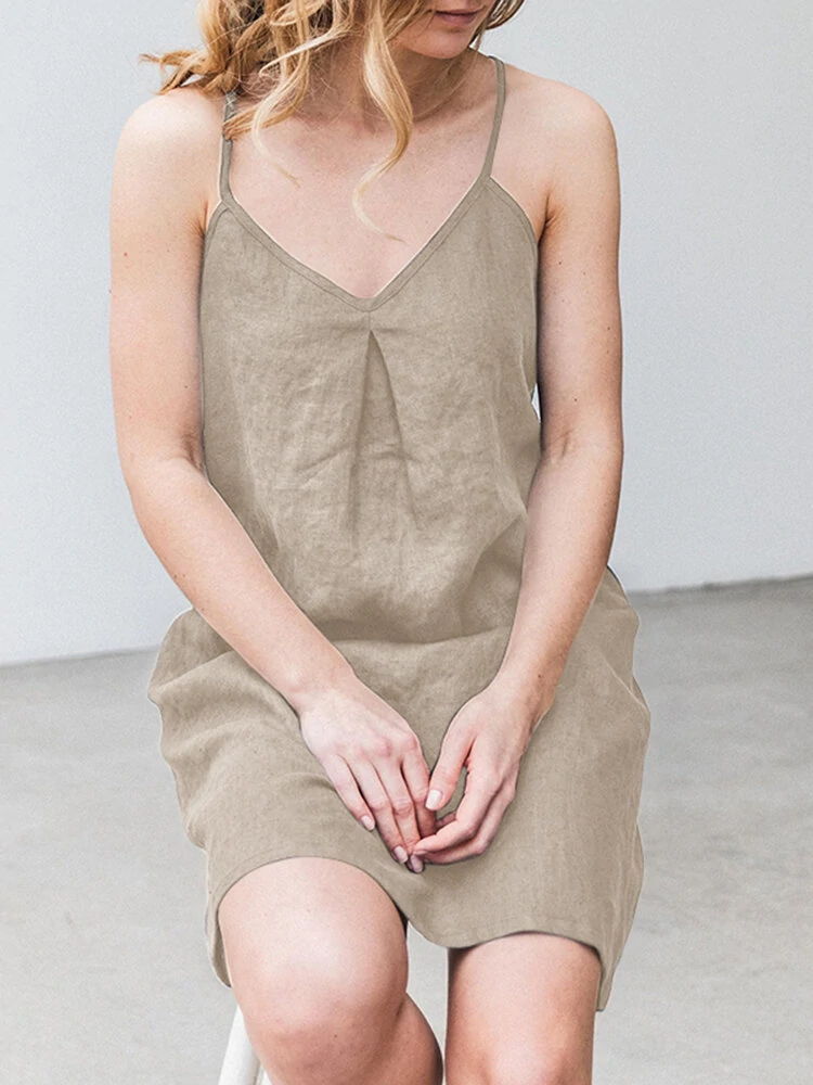 (image for) Solid Pocket Spaghetti Strap Backless Dress For Women