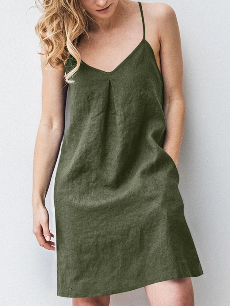 (image for) Solid Pocket Spaghetti Strap Backless Dress For Women