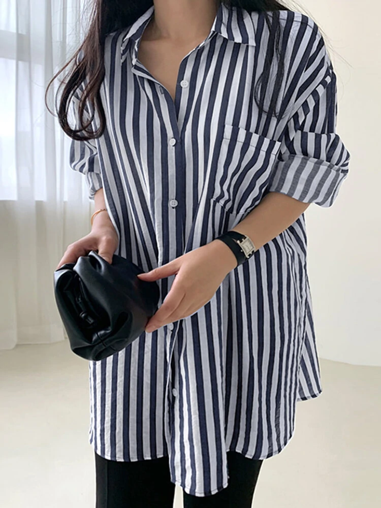 (image for) Stripe Print Pocket Long Sleeve Lapel Button Down Shirt