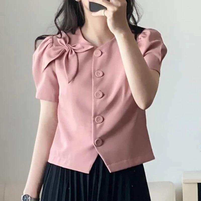 (image for) VONDA Womens Elegant Bowknot Decorate Puff Sleeve Blouses Temperament Button Shirts