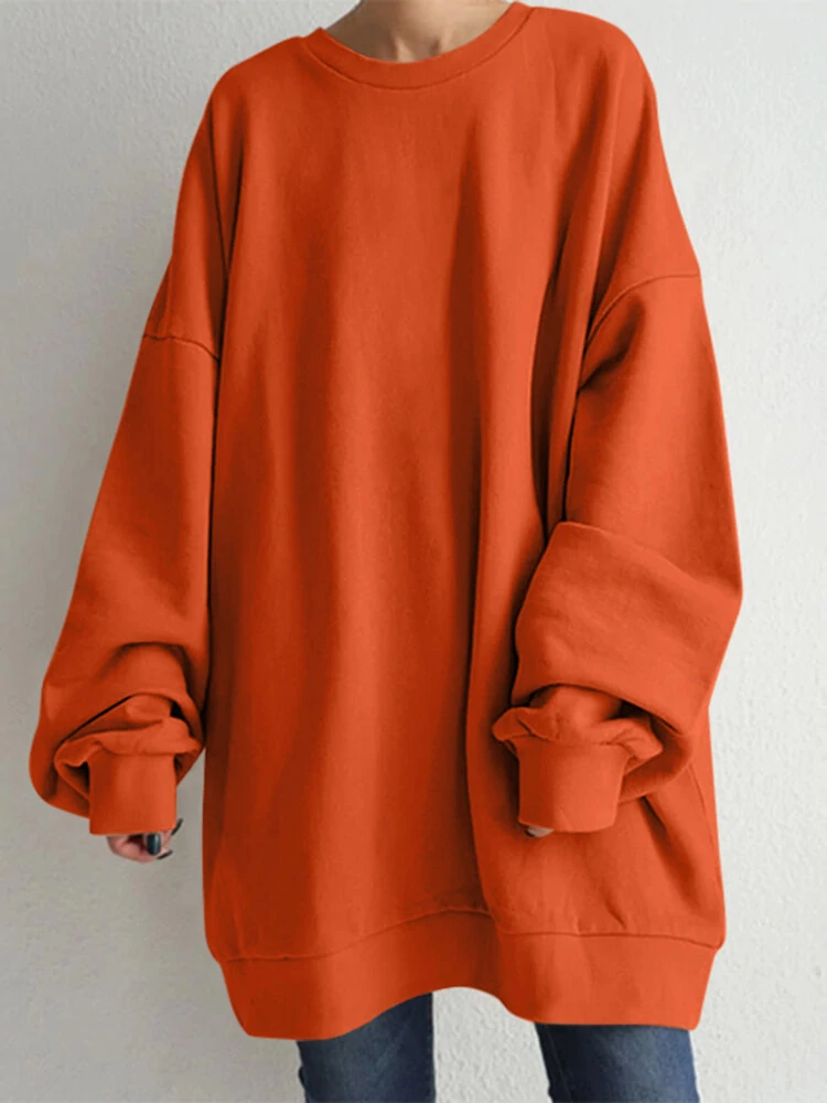 (image for) Women Puff Sleeve Crew Neck Solid Color Hem Long Sleeve Sweatshirts