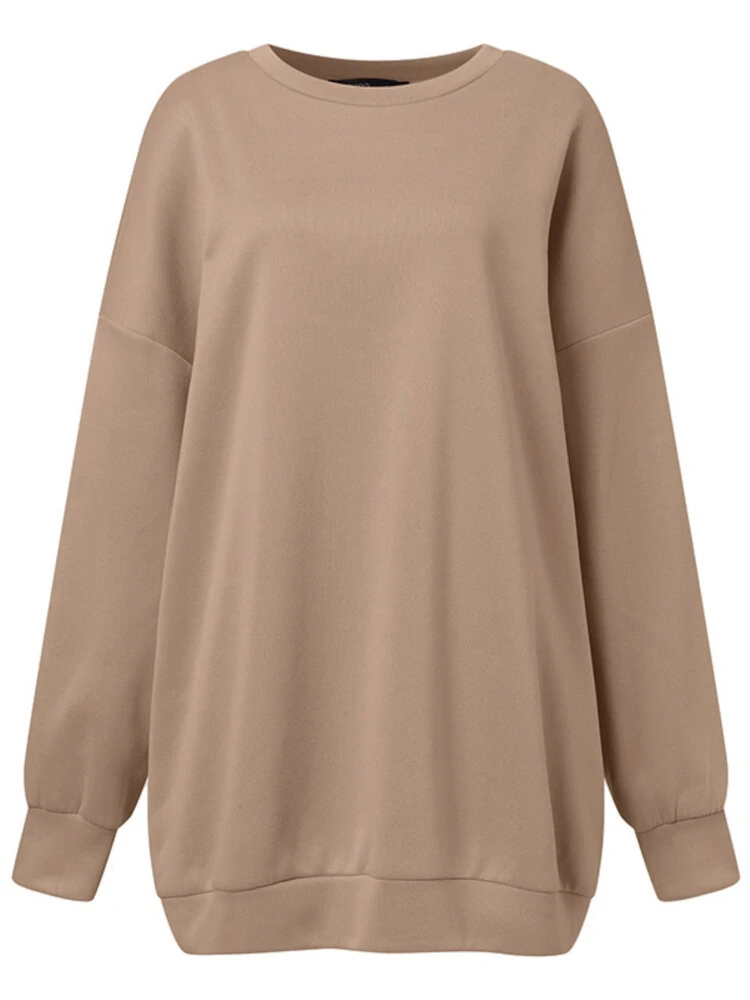 (image for) Women Puff Sleeve Crew Neck Solid Color Hem Long Sleeve Sweatshirts