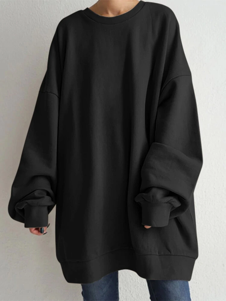 (image for) Women Puff Sleeve Crew Neck Solid Color Hem Long Sleeve Sweatshirts