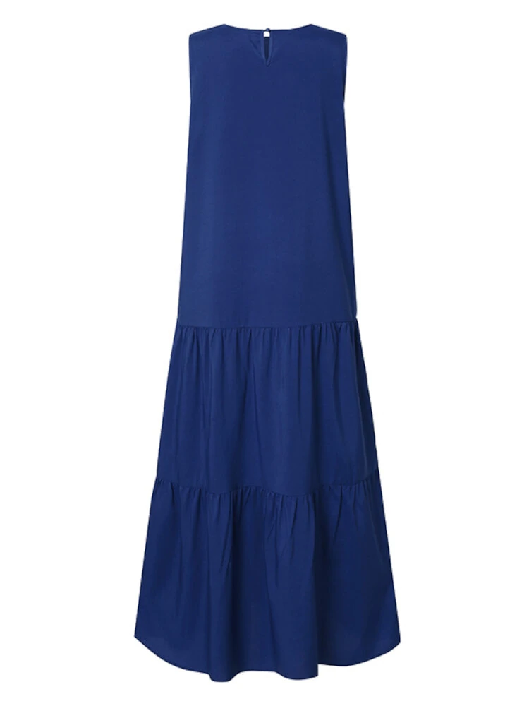 (image for) Women Sleeveless Solid Color O-neck Casual Layered Maxi Dress