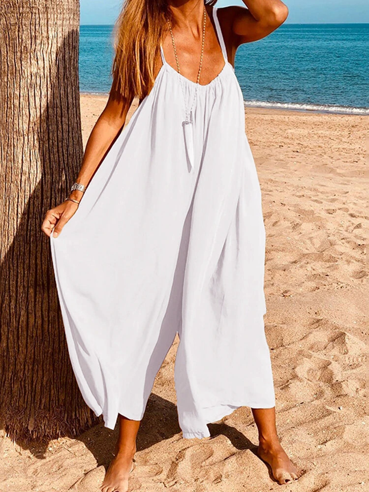 (image for) Women Sleeveless Straps Loose Solid Wide Leg Jumpsuits