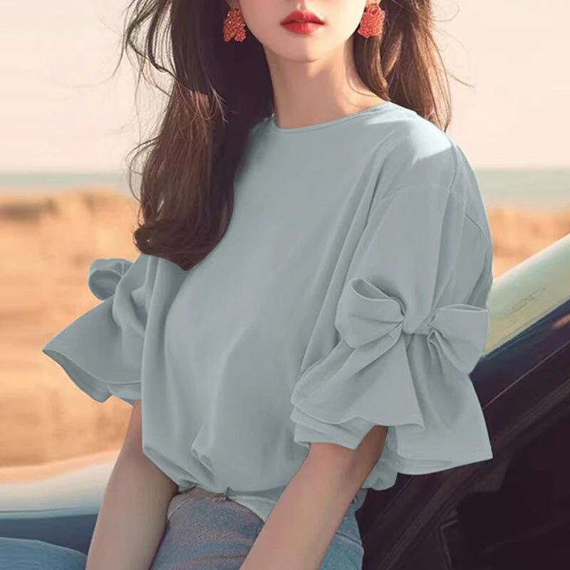 (image for) ZANZEA Elegant Style Womens Shirts Blouses Ladylike Crew Neck Ruffled Sleeves Tops Side Bowknot Solid Blouses