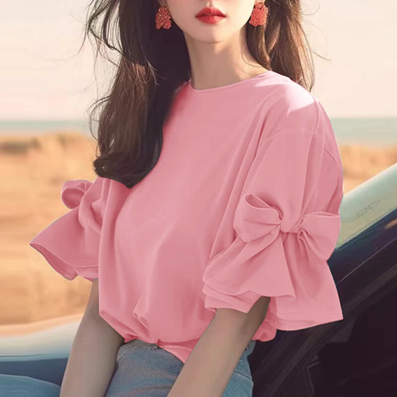 (image for) ZANZEA Elegant Style Womens Shirts Blouses Ladylike Crew Neck Ruffled Sleeves Tops Side Bowknot Solid Blouses