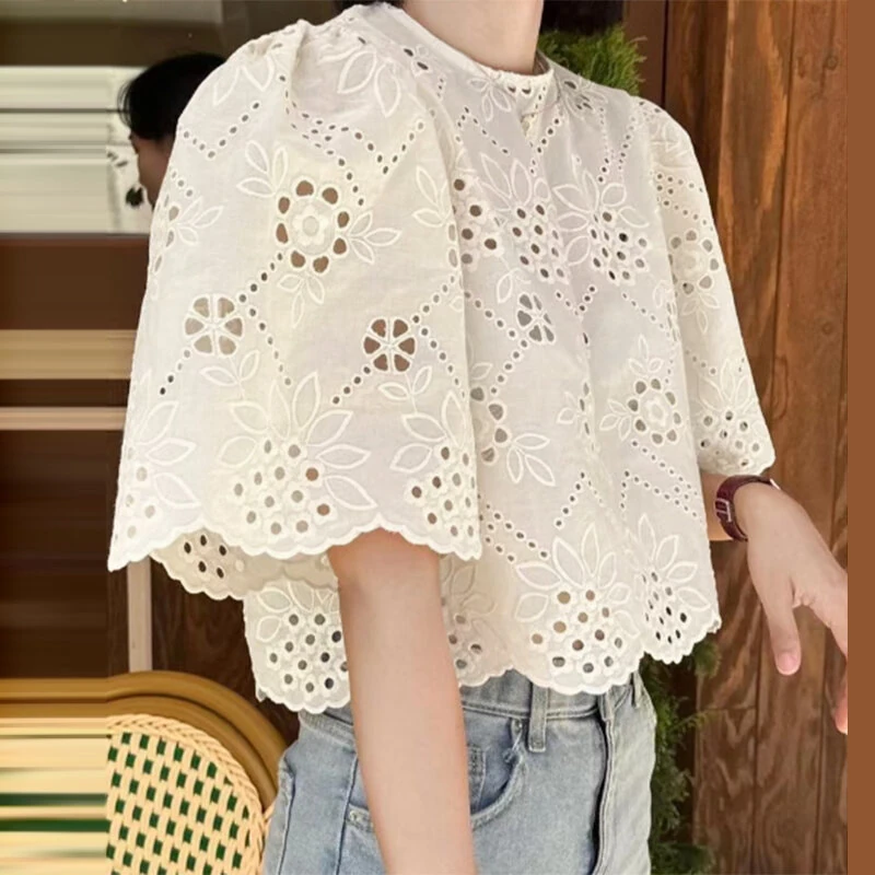 (image for) ZANZEA Elegant Style Womens Vintage Casual Cotton Crop Shirts Top Vacation Crew Neck Hollow Embroidery Blouses