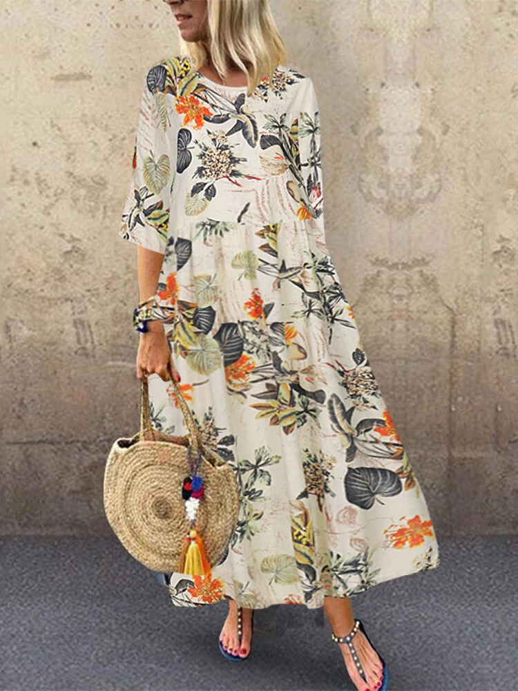 (image for) ZANZEA Plus Size Women Beach Long Dress Retro Floral Printed Round Neck Three Quarter Sleeve Pleated Beach Maxi Dresses