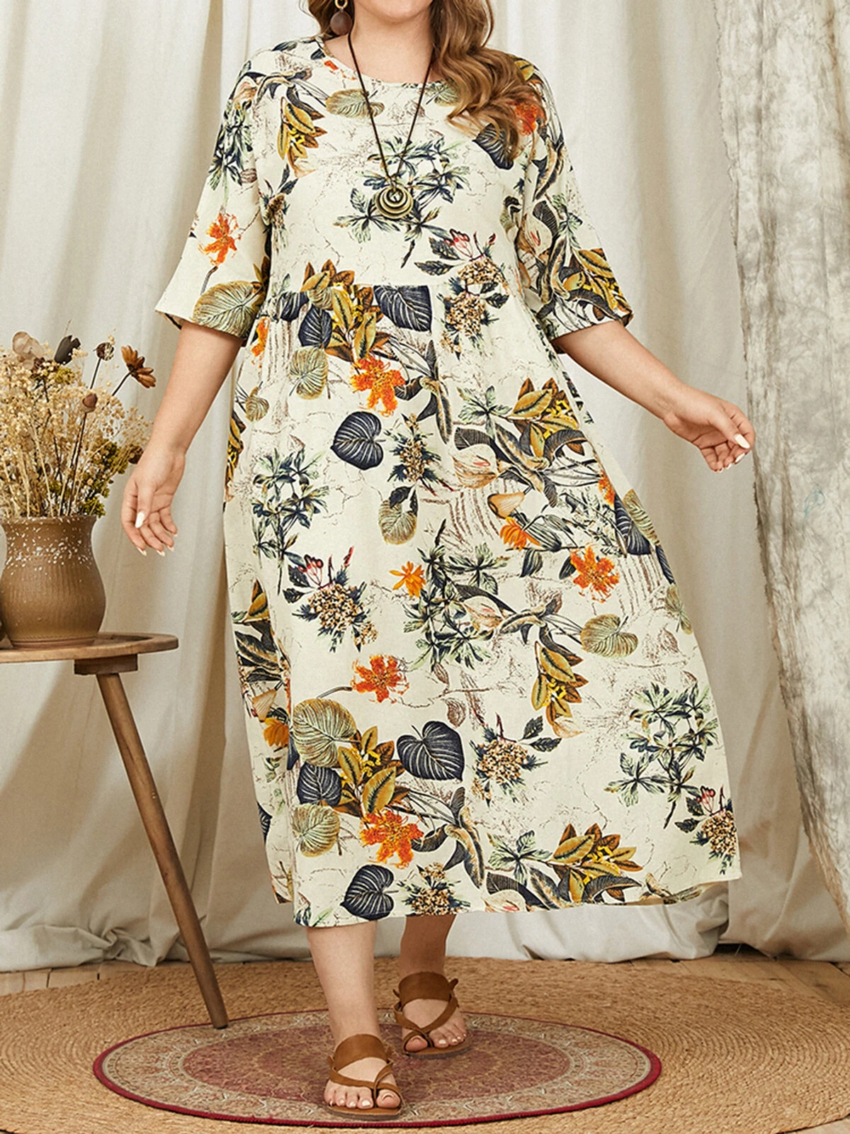 (image for) ZANZEA Plus Size Women Beach Long Dress Retro Floral Printed Round Neck Three Quarter Sleeve Pleated Beach Maxi Dresses