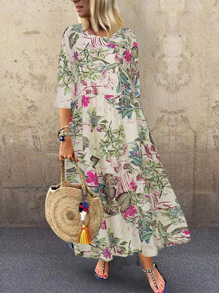 (image for) ZANZEA Plus Size Women Beach Long Dress Retro Floral Printed Round Neck Three Quarter Sleeve Pleated Beach Maxi Dresses