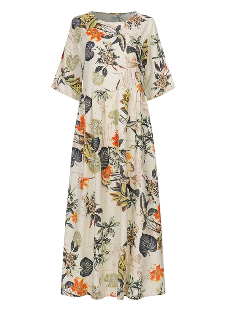 (image for) ZANZEA Plus Size Women Beach Long Dress Retro Floral Printed Round Neck Three Quarter Sleeve Pleated Beach Maxi Dresses