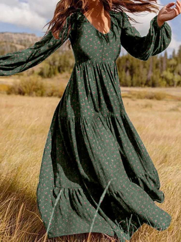 (image for) ZANZEA Plus Size Women Long Dress Bohemian Floral Maxi Dress Casual V-Neck Back Zipper Long Sleeve Loose Dress for Women