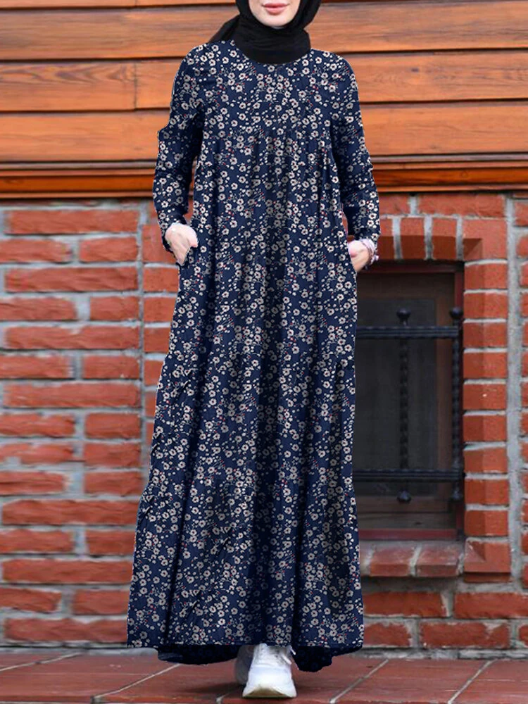 (image for) ZANZEA Plus Size Women Long Dress Floral Print Tiered Dress O-Neck Casual Maxi Dress With Side Pocket