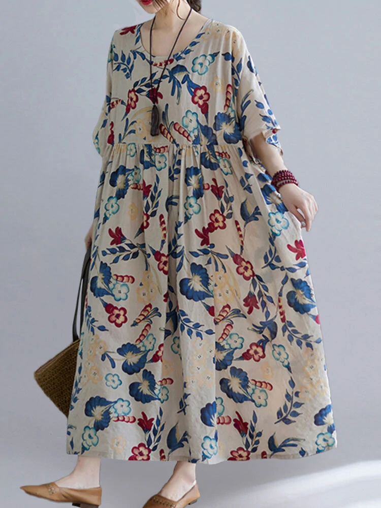 (image for) ZANZEA Plus Size Women Long Dress O-Neck Floral Loose Bohemian Casual Summer Maxi Dress For Women
