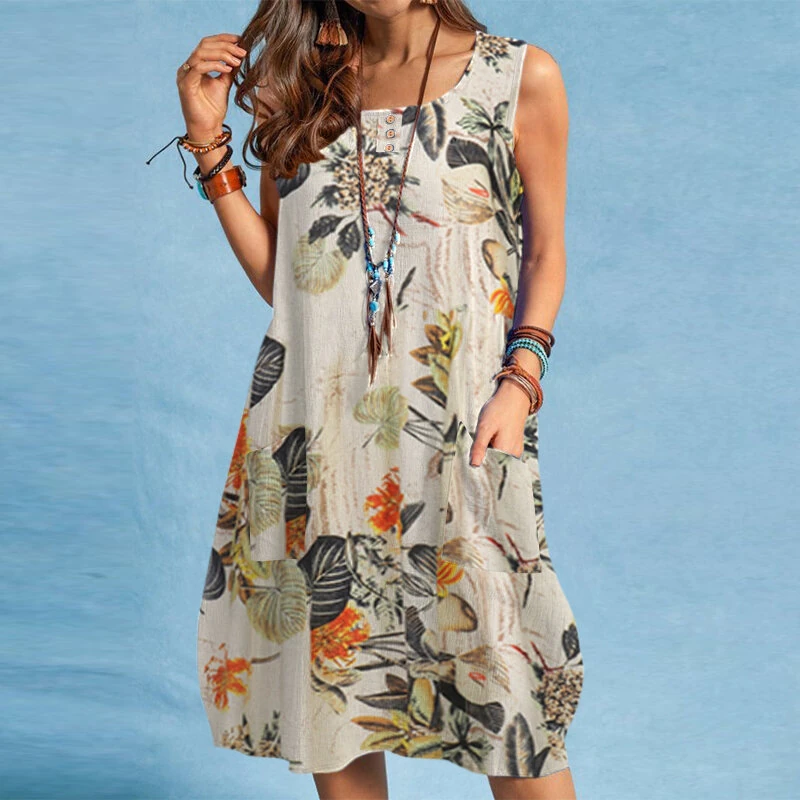 (image for) ZANZEA Plus Size Women Plant Print Dress Button Pocket Sleeveless Cotton Linen Casual Holiday Midi Dresses S-5XL