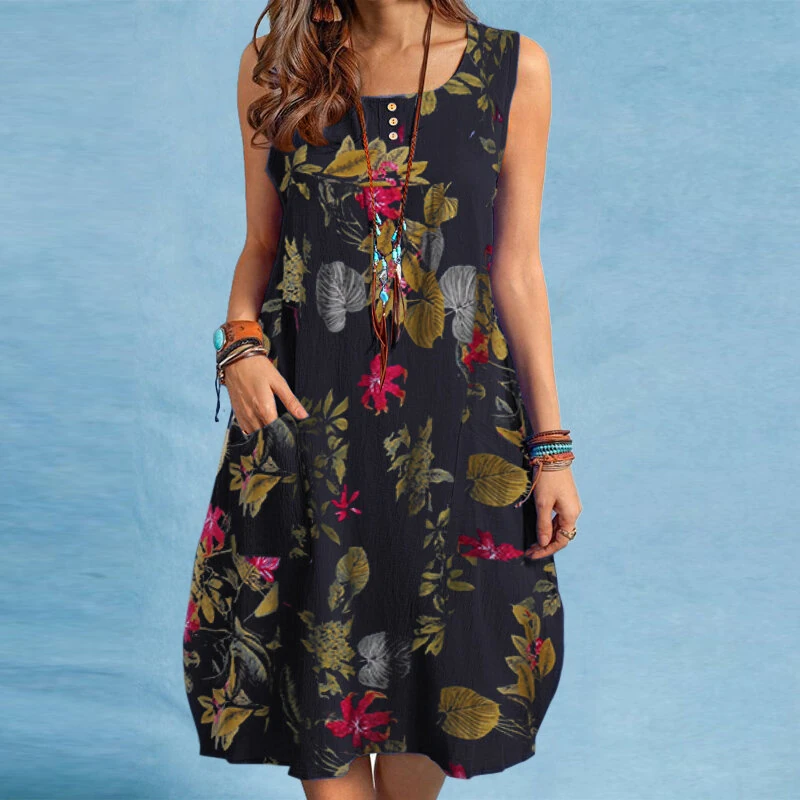 (image for) ZANZEA Plus Size Women Plant Print Dress Button Pocket Sleeveless Cotton Linen Casual Holiday Midi Dresses S-5XL