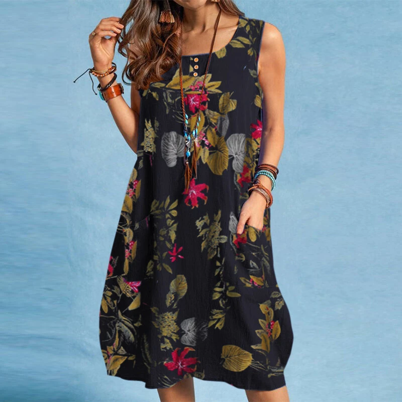 (image for) ZANZEA Plus Size Women Plant Print Dress Button Pocket Sleeveless Cotton Linen Casual Holiday Midi Dresses S-5XL