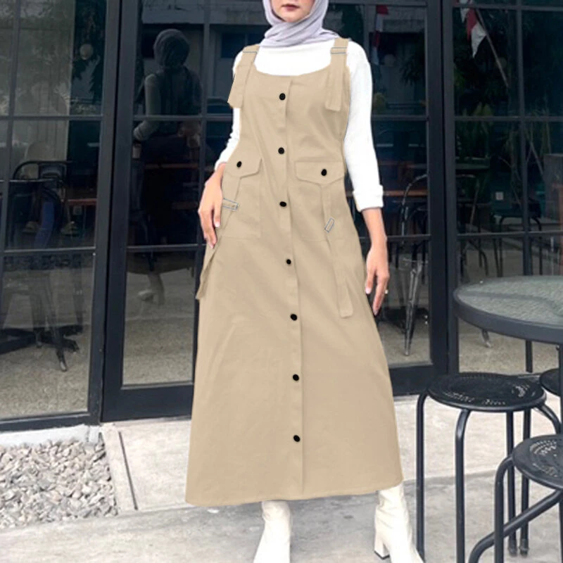 (image for) ZANZEA Solid Womens Square Neck Strappy Bib Dress Casual Loose Long Dresses