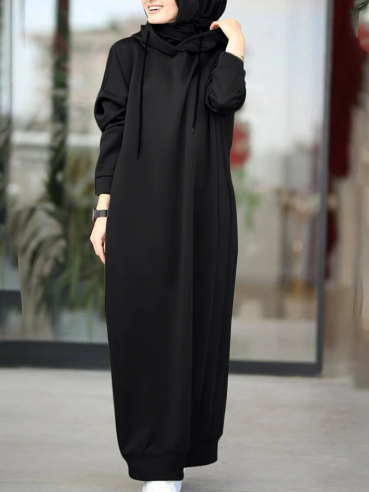 (image for) ZANZEA Women Brief Style Solid Color Drawstring Hooded Casual Dress With Pocket