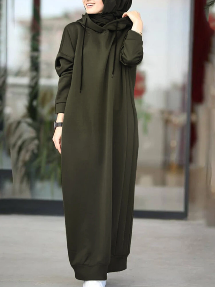 (image for) ZANZEA Women Brief Style Solid Color Drawstring Hooded Casual Dress With Pocket