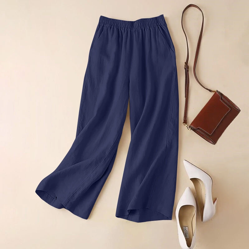 (image for) ZANZEA Women Cotton Elastic Waist Solid Color Long Pants Casual Loose Straight Trousers