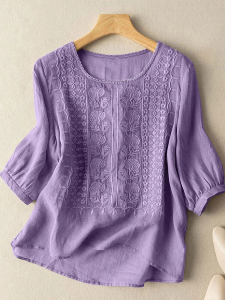 (image for) ZANZEA Women Daily Casual 3/4 Length Sleeve Blouses Solod Color Shirts