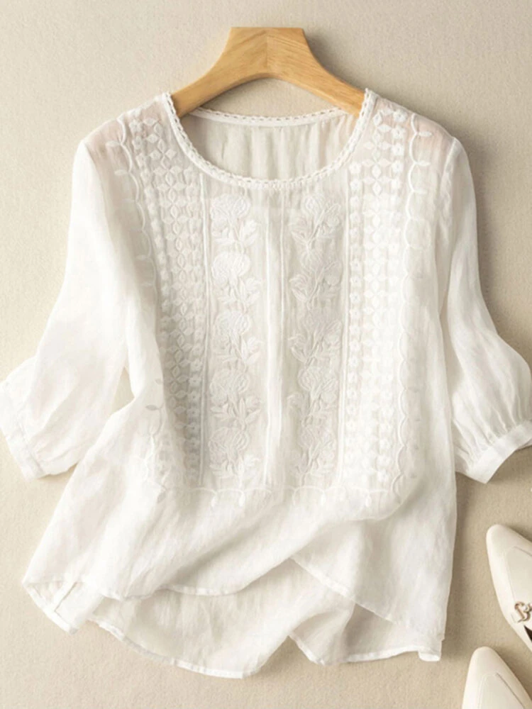 (image for) ZANZEA Women Daily Casual 3/4 Length Sleeve Blouses Solod Color Shirts