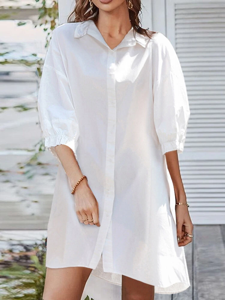 (image for) ZANZEA Women Daily Casual 3/4 Length Sleeve Solid Color Shirt Dresses