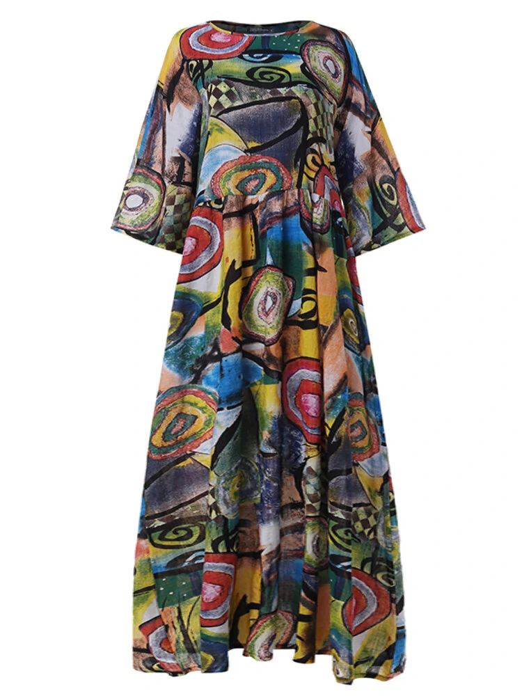 (image for) ZANZEA Women Retro Graffiti Print Round Neck Pleated Casual Beach Maxi Dresses
