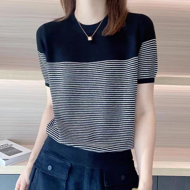 (image for) ZANZEA Women Summer T Shirt Vintage Striped Short Sleeve Tee Korean Fashion Round Neck Patchwork Tunics Casual Knitted Tops