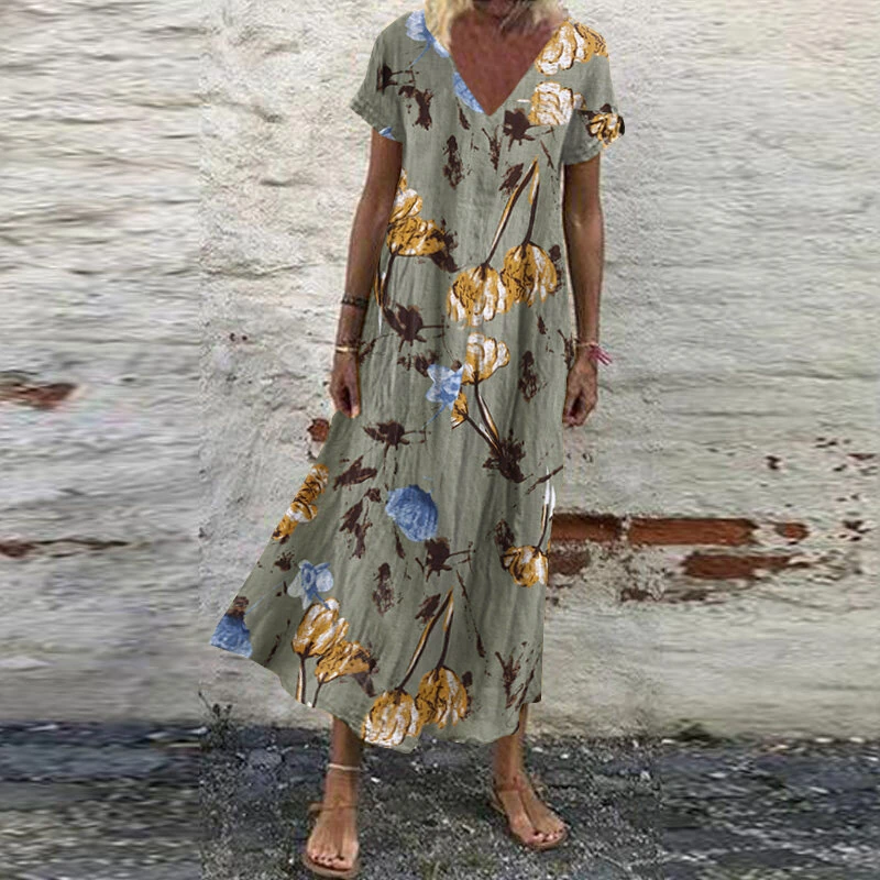(image for) ZANZEA Women V-Neck Floral Printed Bohemian Leisure Casual Loose Dress