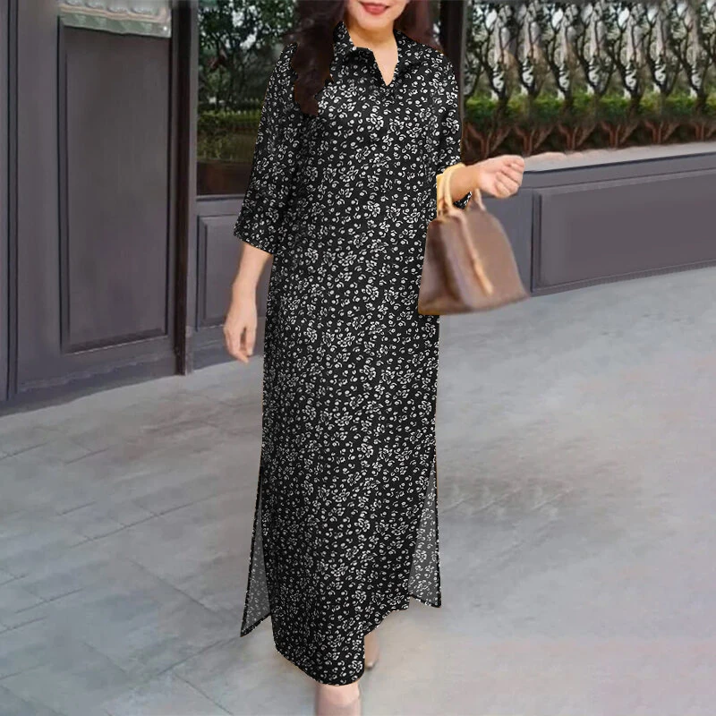 (image for) ZANZEA Women Vintage 3/4 Sleeve Lapel Split Dresses Floral Print Long Casual Shirtdress