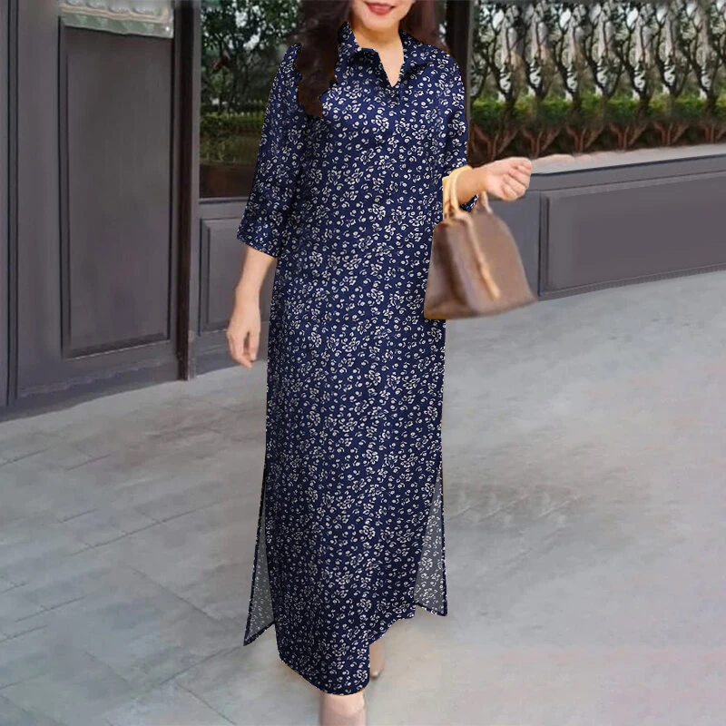 (image for) ZANZEA Women Vintage 3/4 Sleeve Lapel Split Dresses Floral Print Long Casual Shirtdress