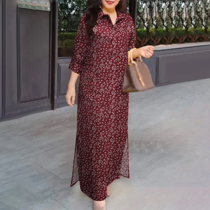 (image for) ZANZEA Women Vintage 3/4 Sleeve Lapel Split Dresses Floral Print Long Casual Shirtdress