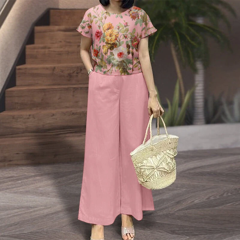 ZANZEA Women's 2pcs Suits Floral Short Sleeve O-Neck Top Elastic Waist Wide Leg Trousers Vintage Sets (image for) ZANZEA Women's 2pcs Suits Floral Short Sleeve O-Neck Top Elastic Waist Wide Leg Trousers Vintage Sets