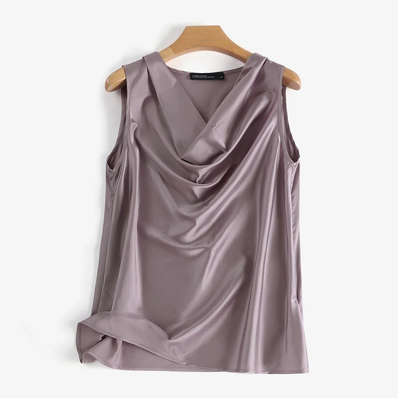 (image for) ZANZEA Women's Blouses Elegant Cowl Neck Tanks Tops Office Work Sleeveless Satin Camisoles