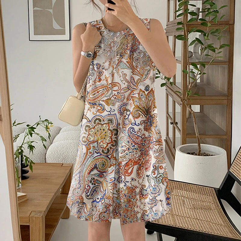 (image for) ZANZEA Women's Bohemian Printed Round Neck Pleated Sundress Loose Sleeveless Midi Dress