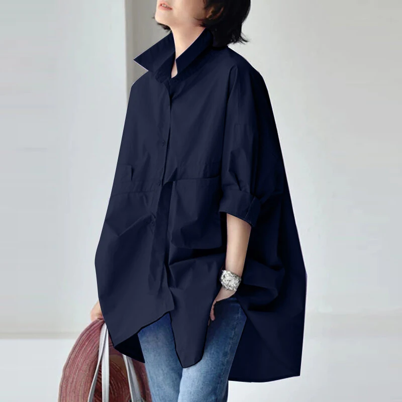 (image for) ZANZEA Womens Office Casual Solid Color Long Sleeve Shirts with Pockets Elegant Lapel Button Up Midi Blouse