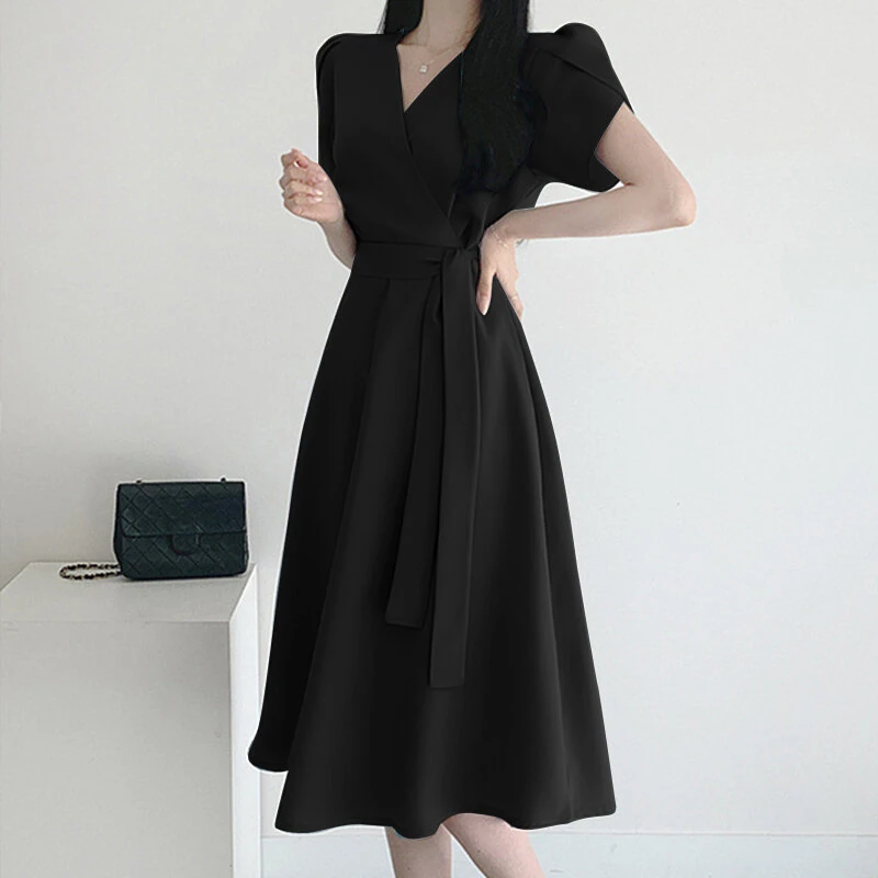 (image for) ZANZEA Womens Puff Sleeve V Neck Belted A Line Midi Dress Party Gown Long Dresses